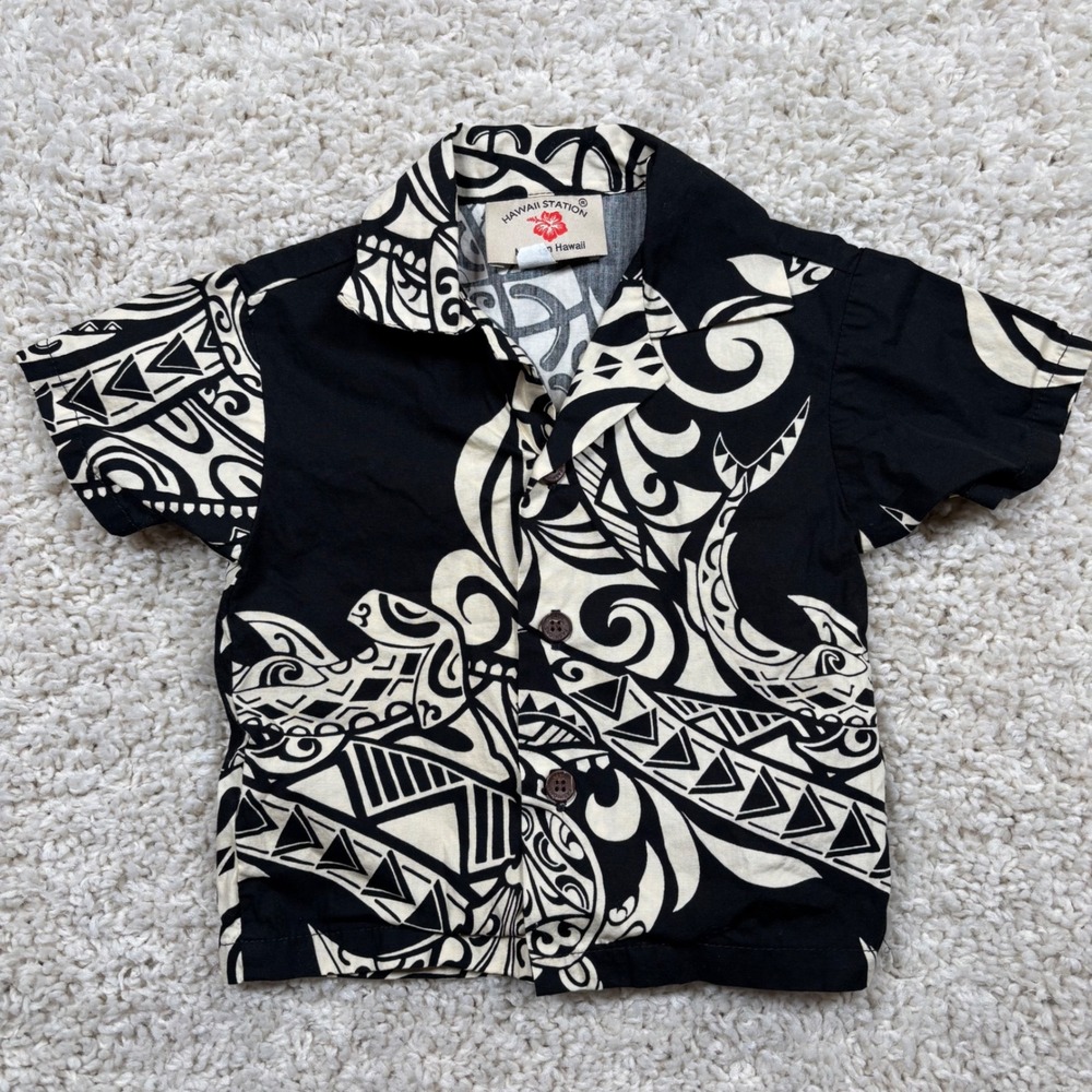 Hawaii Station Boys 12M Black White Tribal Polynesian Print Cotton Aloha‎ Shirt